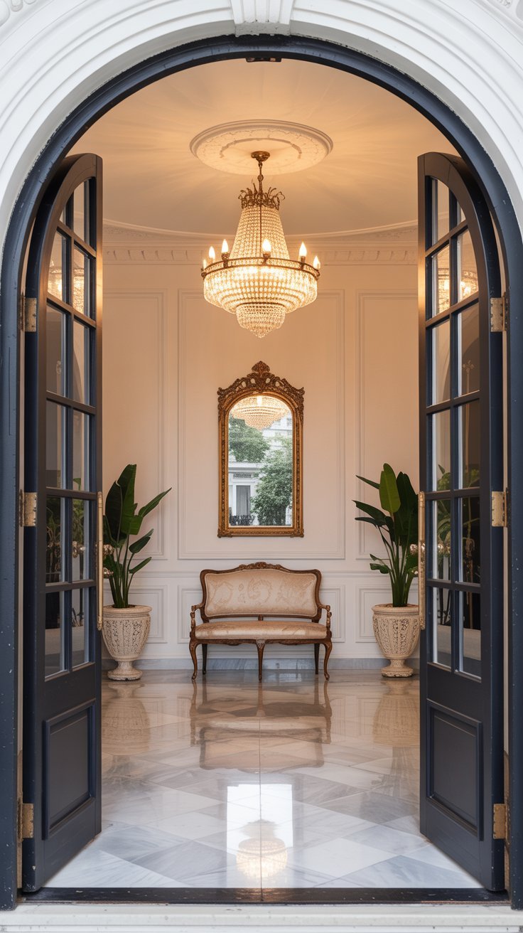Hall dentree classique avec lustre en cristal et sol en marbre