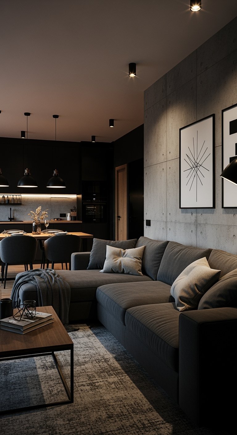 Loft moderne avec canapé gris foncé et mur en béton