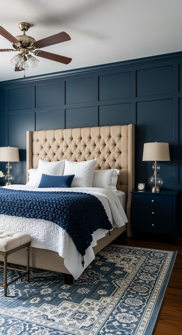 Chambre sophistiquée avec un mur d'accent bleu marine et une tête de lit capitonnée