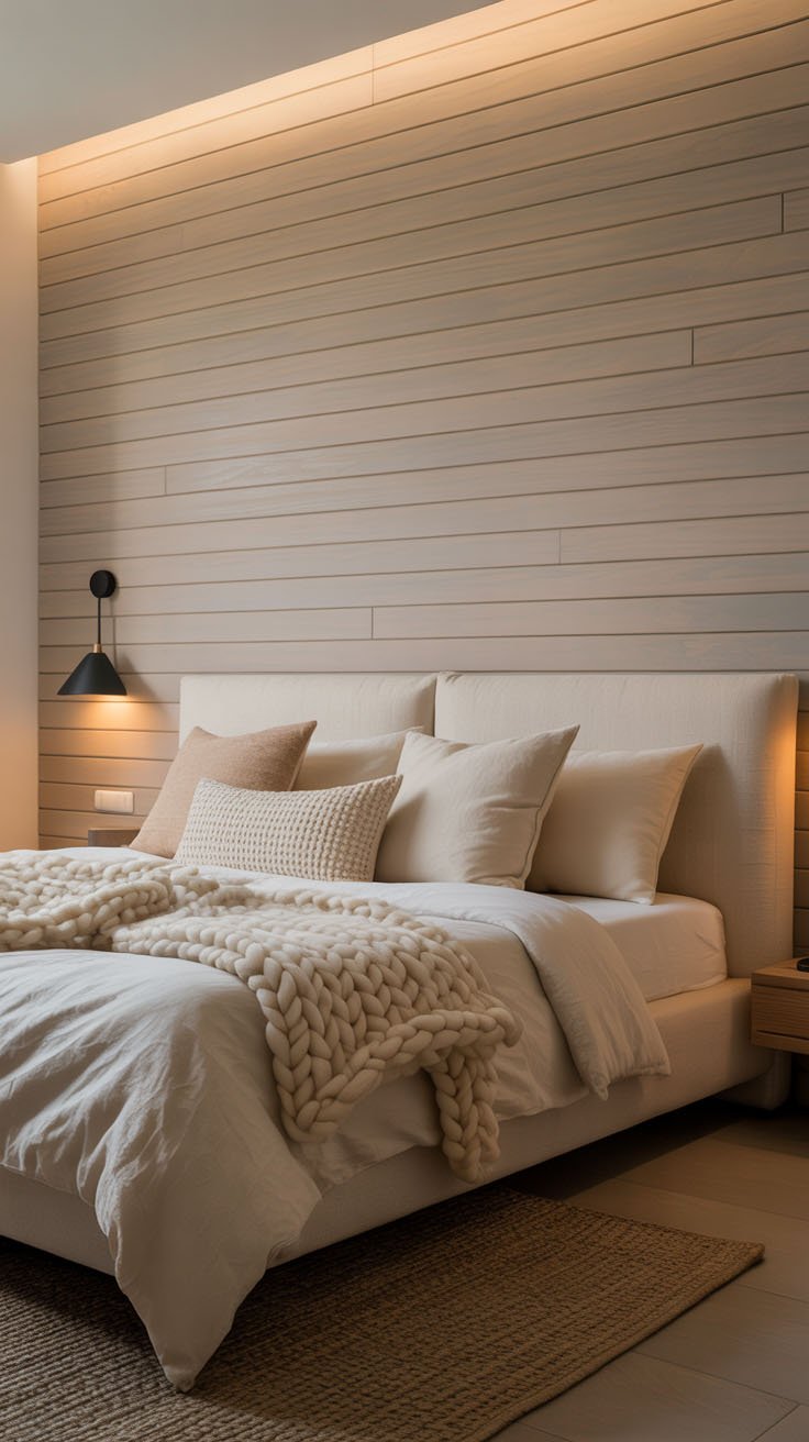 Chambre minimaliste avec mur en lattes de bois et plaid écru