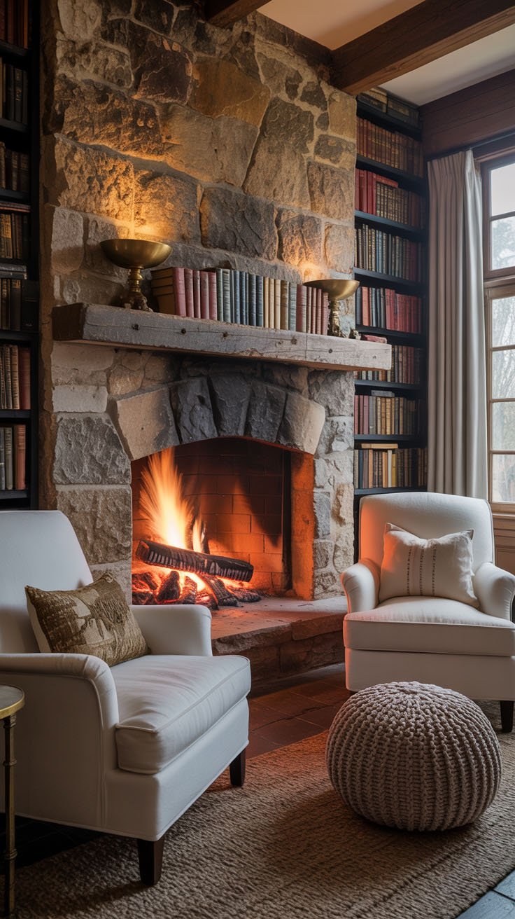 Bibliothèque avec cheminée en pierre et deux fauteuils de lecture