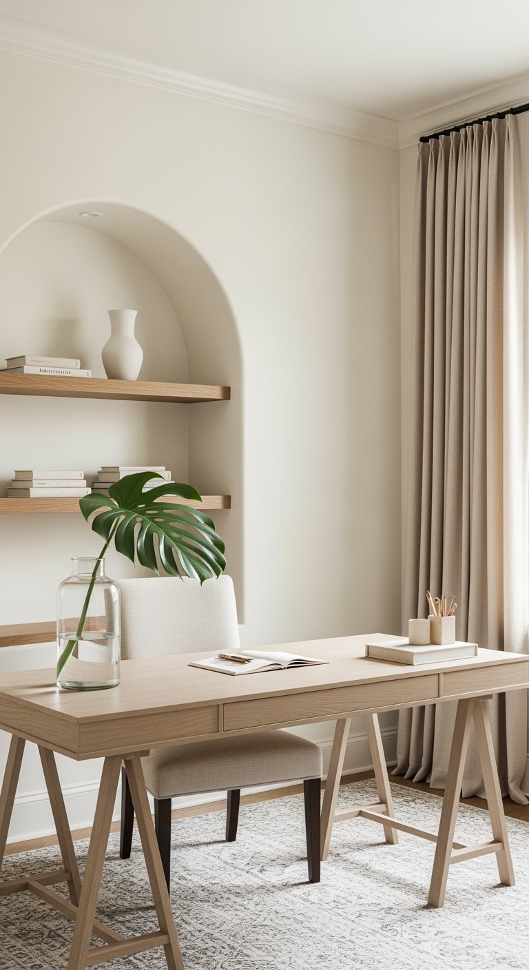 Bureau minimaliste en bois clair dans une pièce avec niche murale en arche