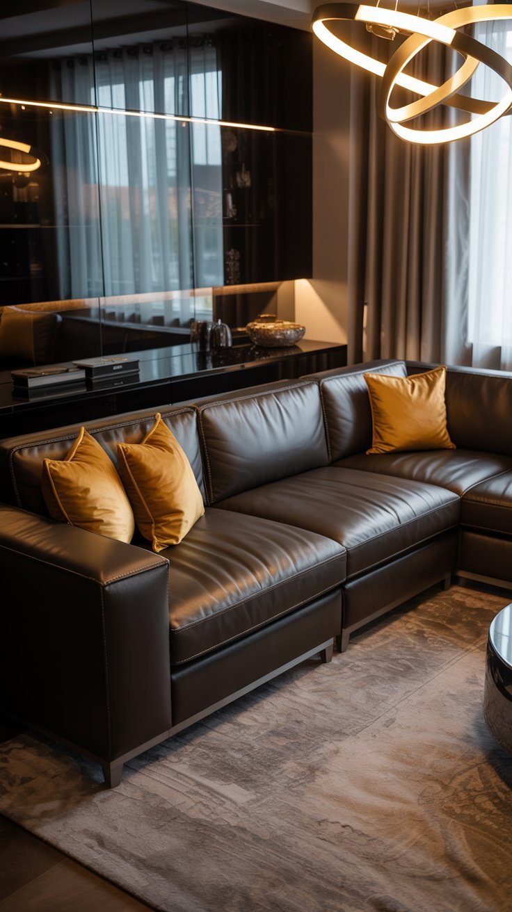 Canapé en cuir marron dans un salon moderne et sombre