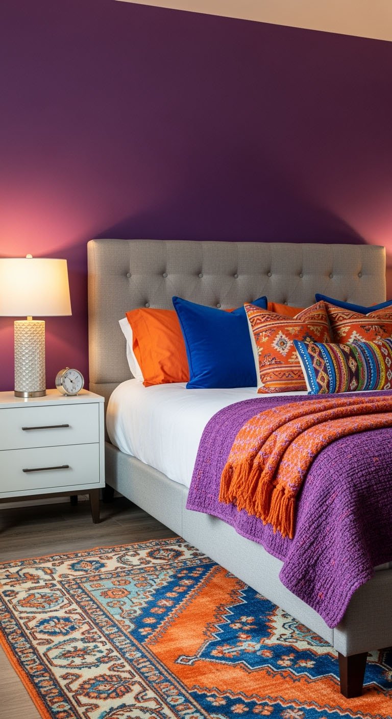 Chambre boho glam avec mur violet et coussins colores en velours