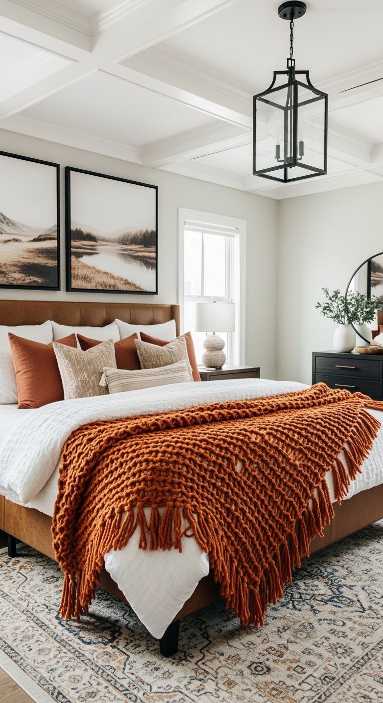 Chambre contemporaine avec lit en cuir et plaid orange