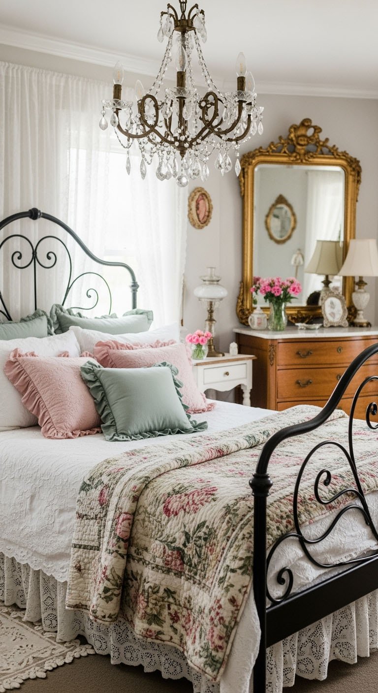 Chambre shabby chic avec lit en fer et lustre en cristal