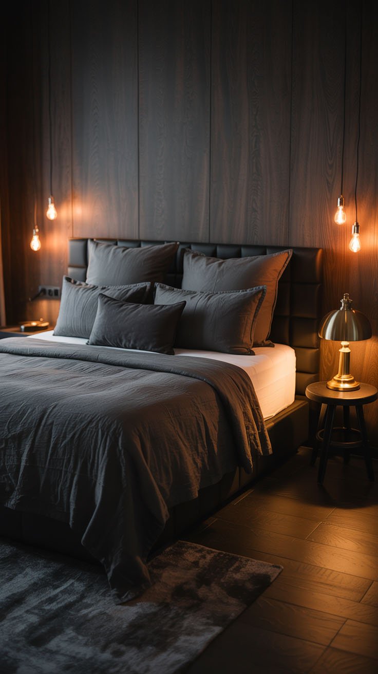 Chambre sombre avec murs en bois et tête de lit en cuir