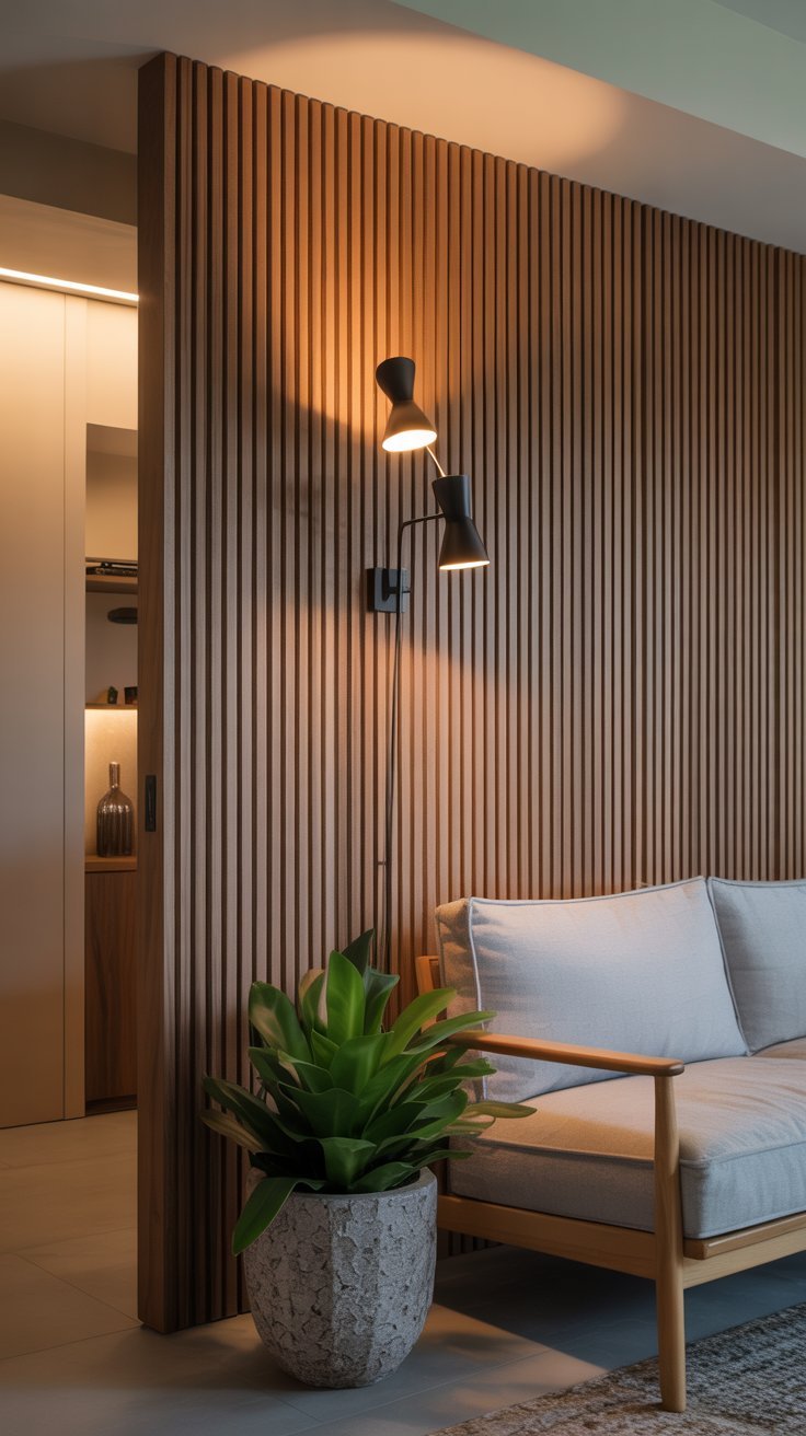 Mur d accent en tasseaux de bois derrière un canapé avec une applique murale noire