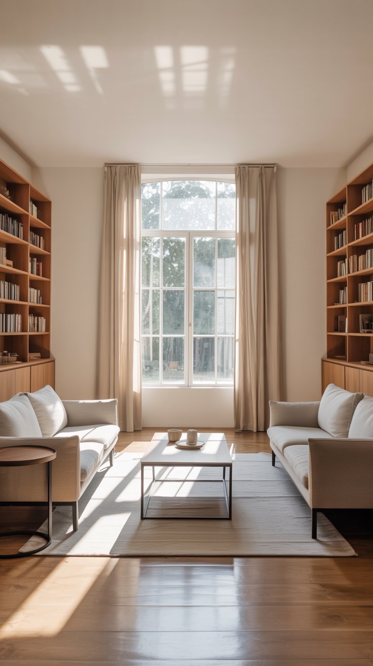 Salon symétrique avec deux canapés encadrant une grande fenêtre