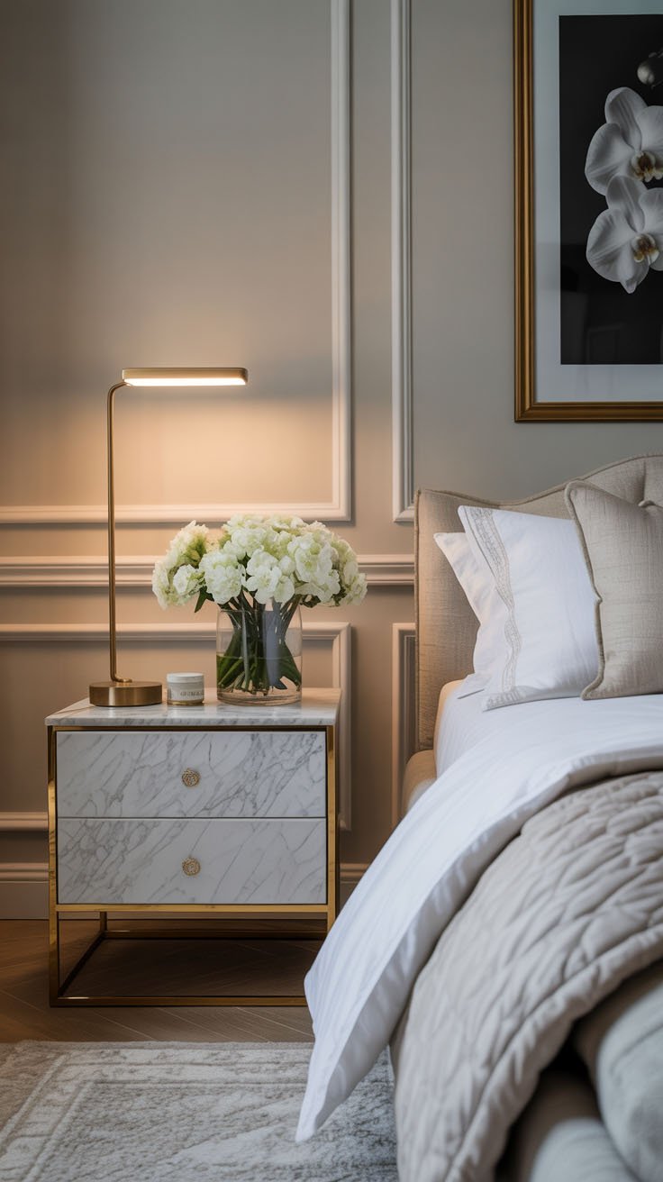 Table de chevet design en marbre et laiton dans une chambre élégante