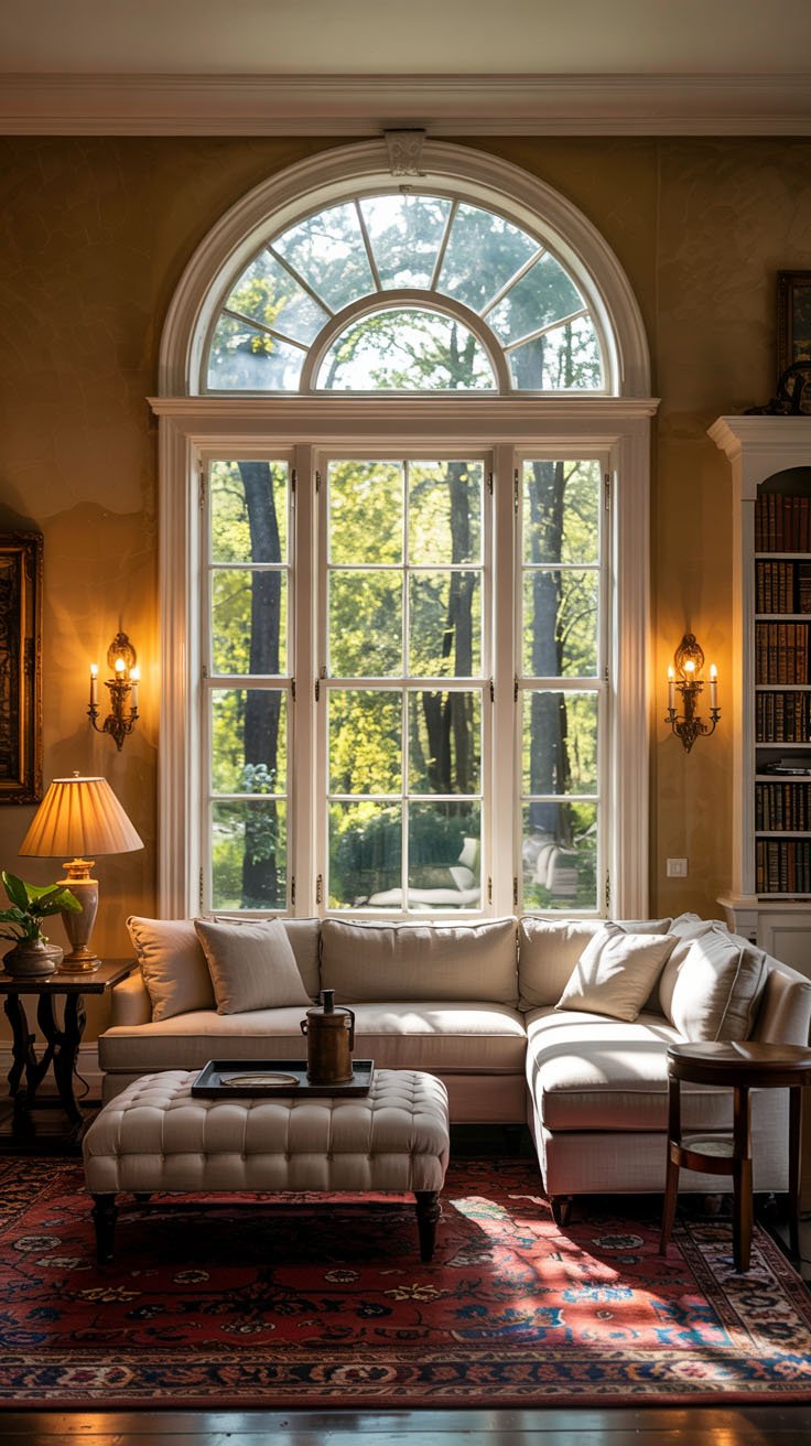 Canapé beige sous une grande fenêtre cintrée dans un salon classique