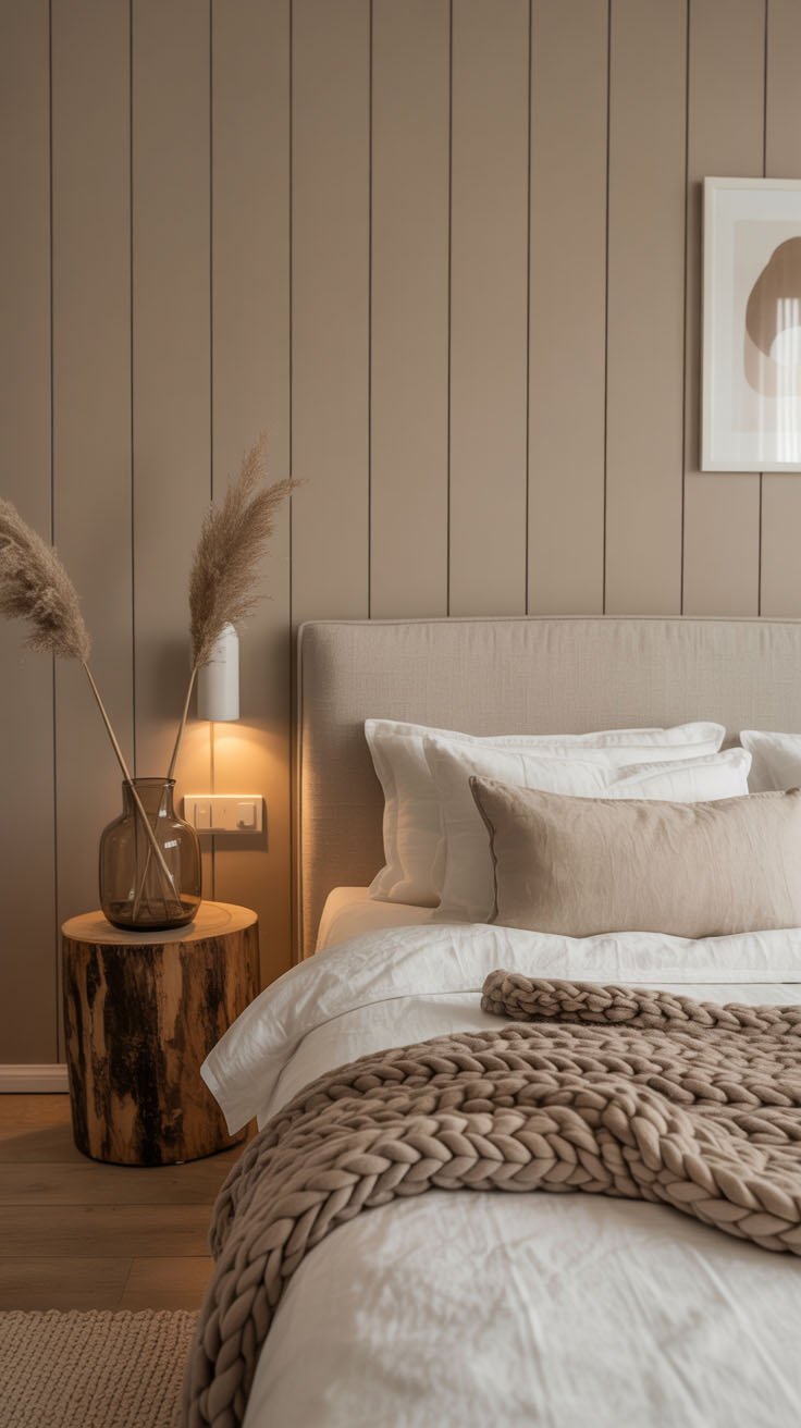 Décoration de chambre naturelle avec table de chevet en bûche