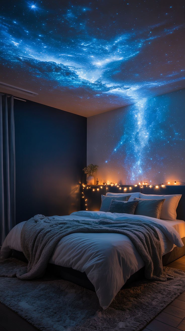 Chambre avec projecteur de ciel étoilé et guirlandes lumineuses