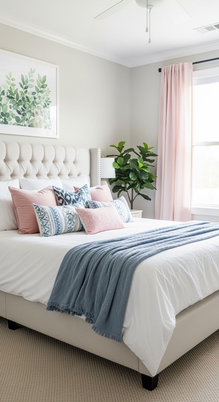 Chambre pastel avec tête de lit capitonnée et coussins roses et bleus