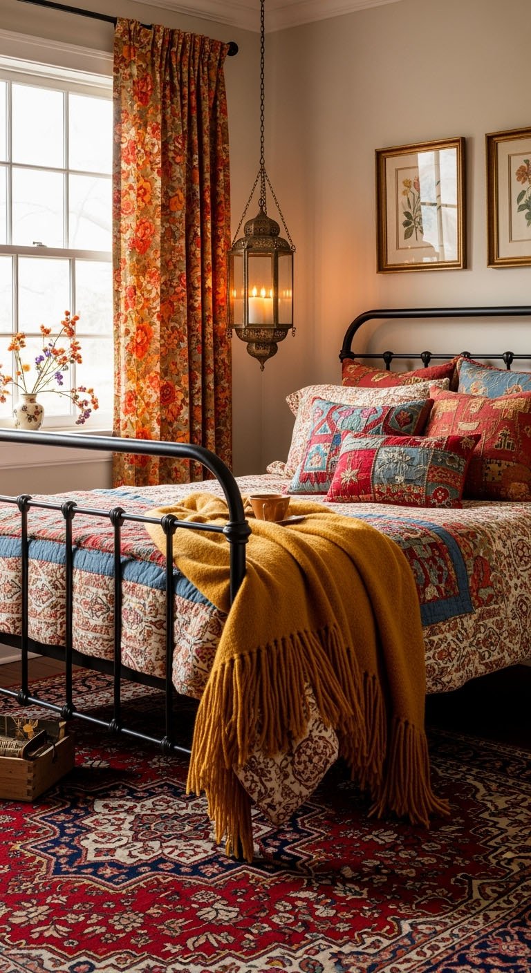 Chambre style gitan avec lit en fer forge et lanterne marocaine