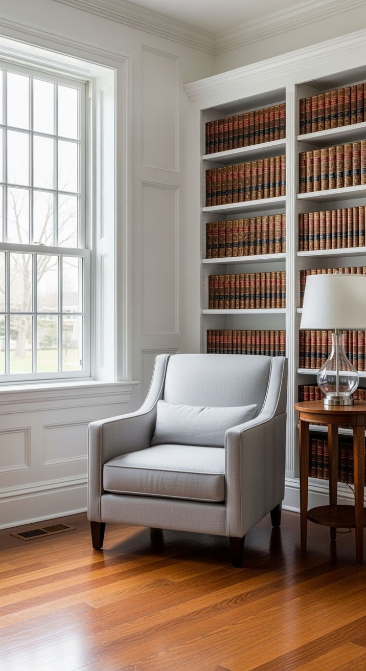 Étude avec des bibliothèques blanches symétriques et un fauteuil gris