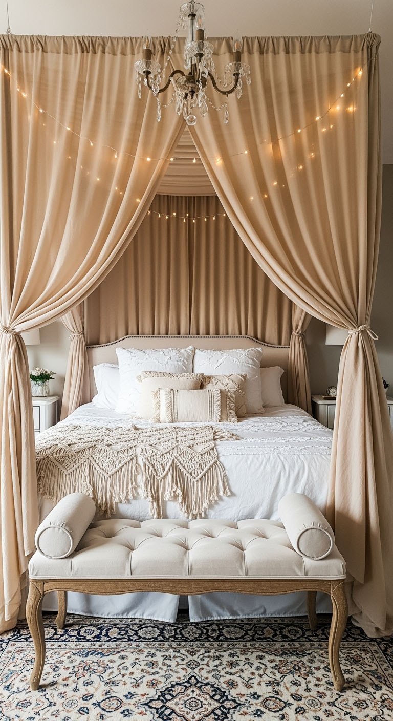 Lit romantique avec draps beiges et guirlandes lumineuses