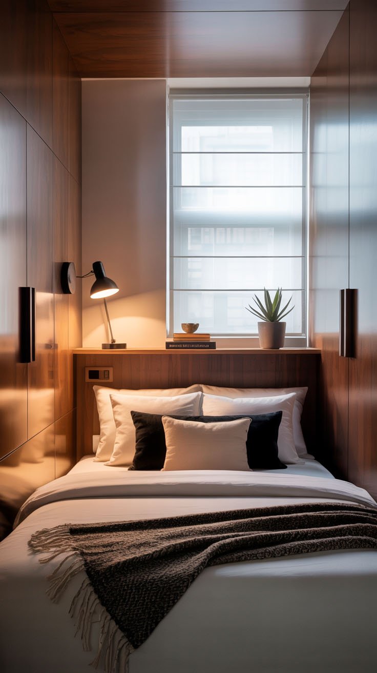 Petit lit encastré entre des murs de rangement en bois