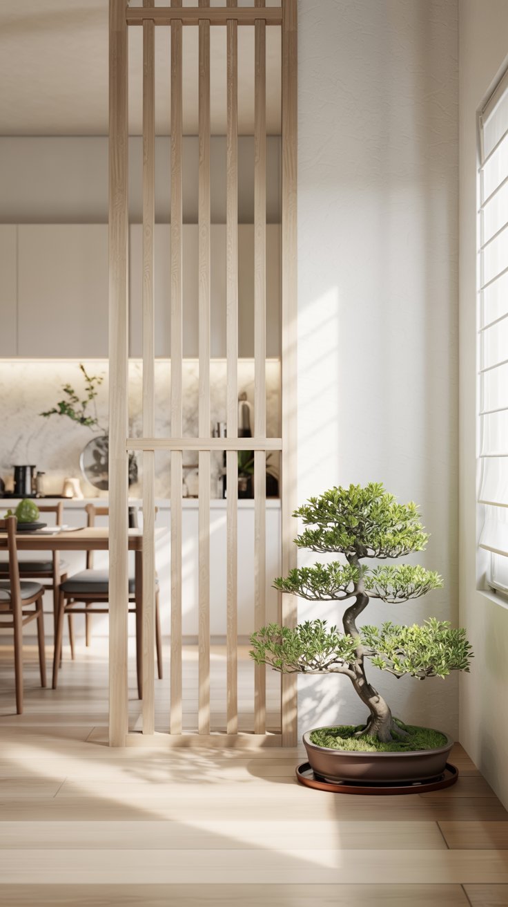 Séparation ajourée de style japonais en tasseaux de bois avec un bonsaï
