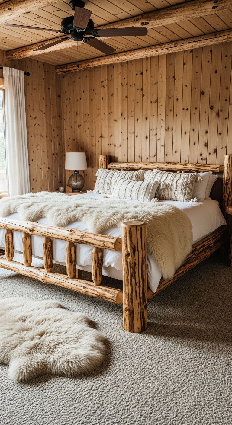Chambre rustique avec un lit en rondins de bois et des jetés en peau de mouton
