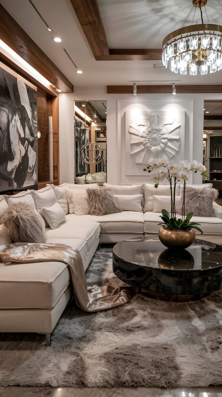 Canapé d'angle blanc luxueux avec coussins en fourrure et lustre moderne