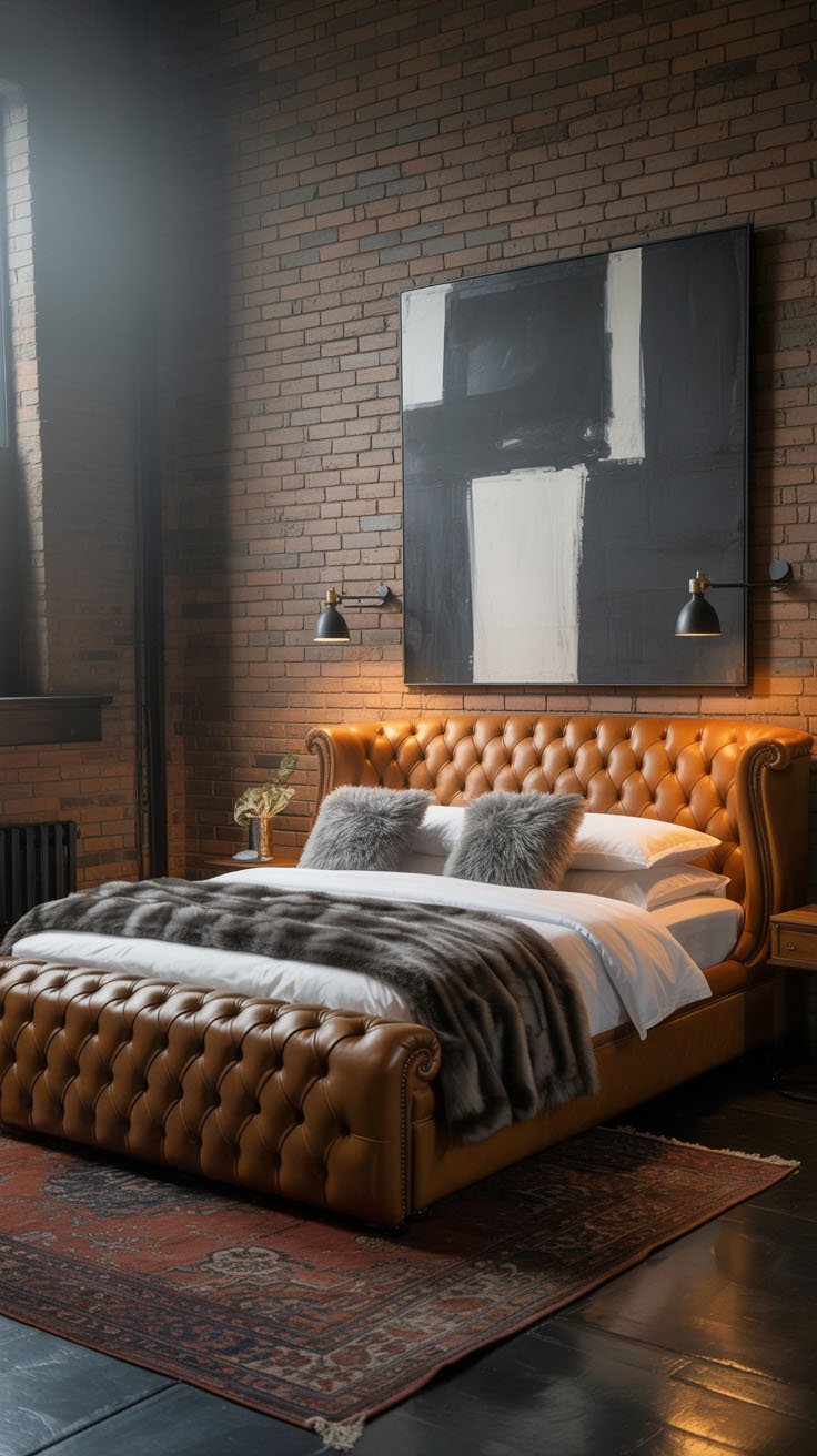Chambre style loft avec mur en briques et lit Chesterfield en cuir