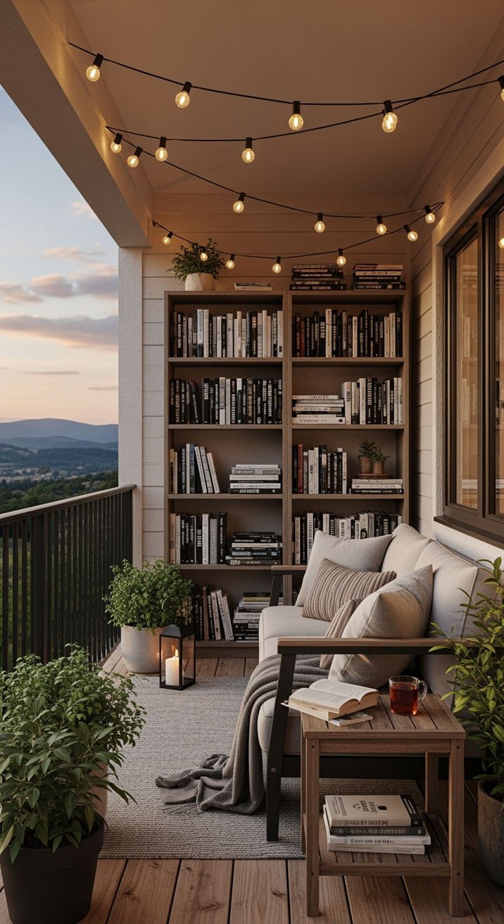 Balcon aménagé en coin lecture avec canapé et guirlandes lumineuses