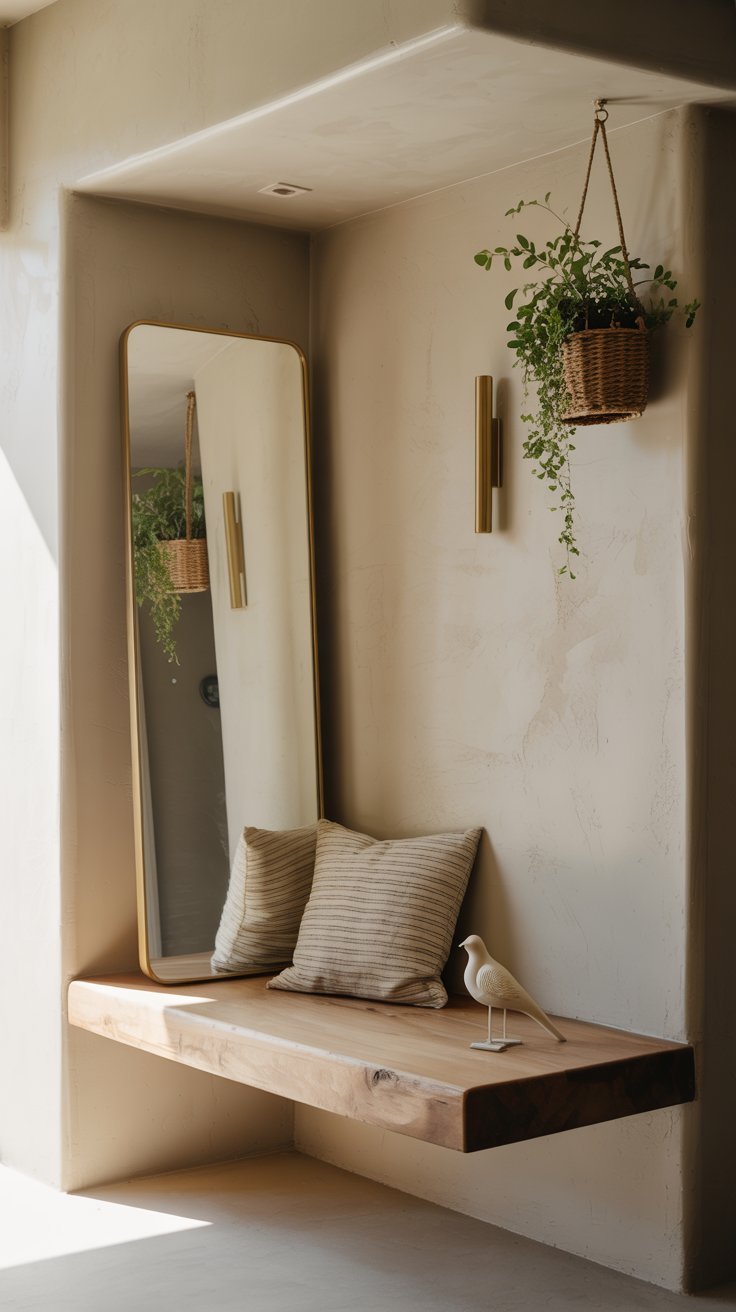 Banc flottant en bois avec grand miroir et plante suspendue