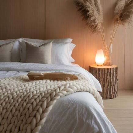 Chambre organique avec table de chevet en tronc d'arbre et plaid XXL