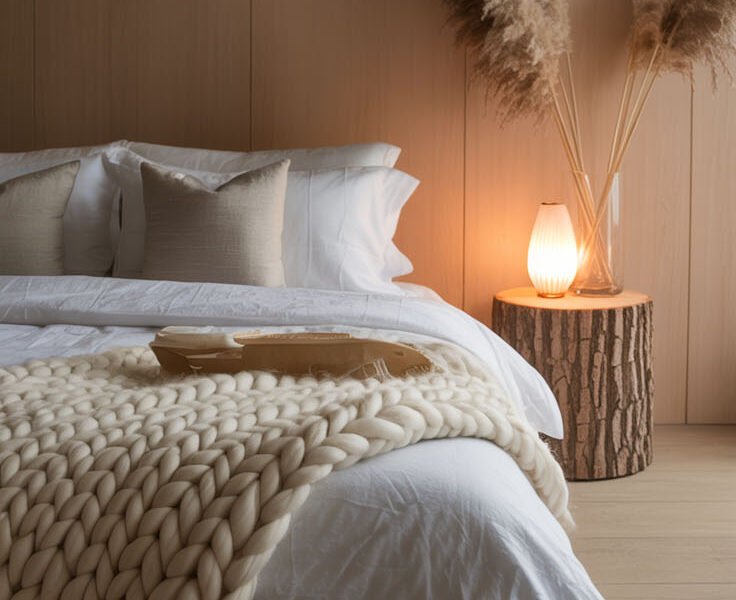 Chambre organique avec table de chevet en tronc d'arbre et plaid XXL