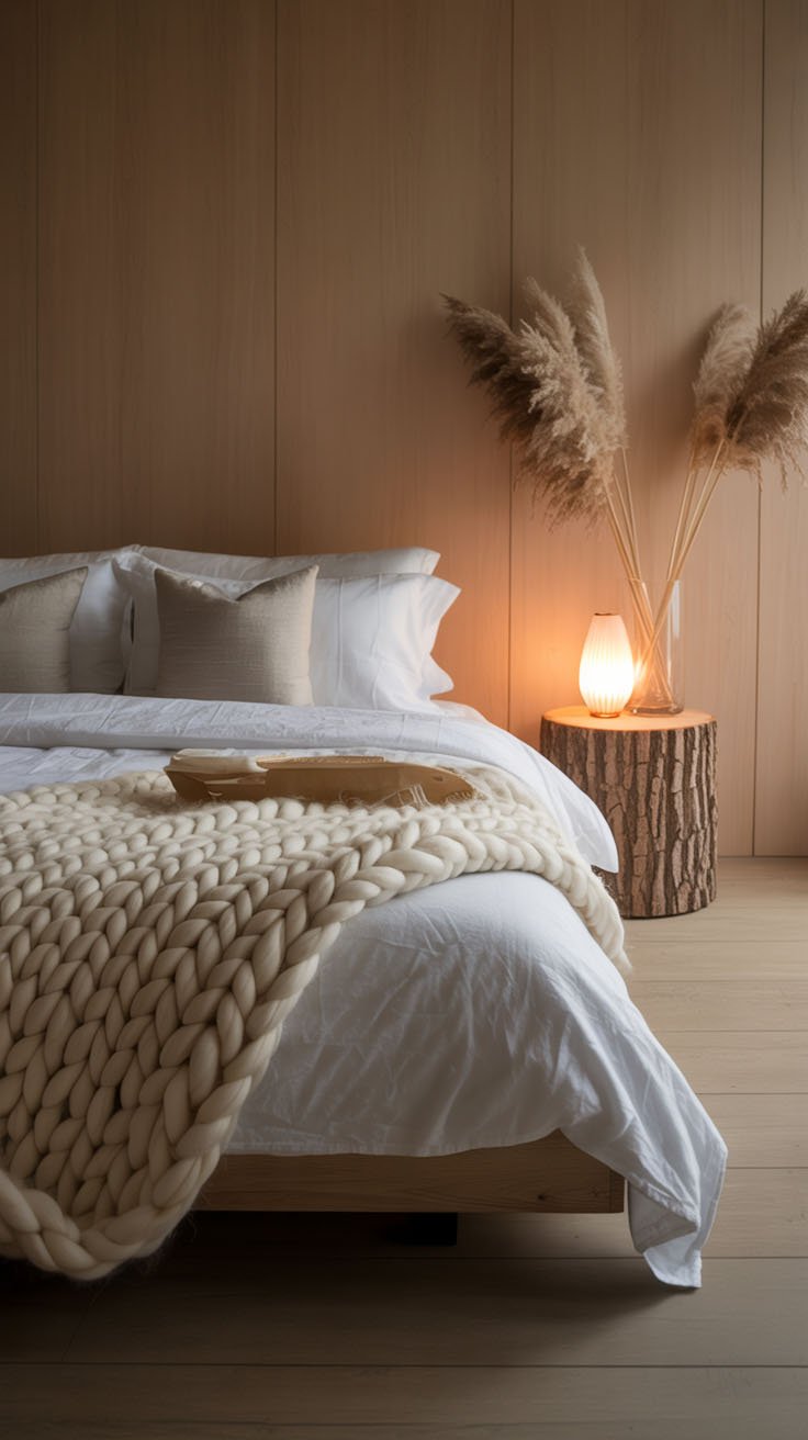 Chambre organique avec table de chevet en tronc d'arbre et plaid XXL