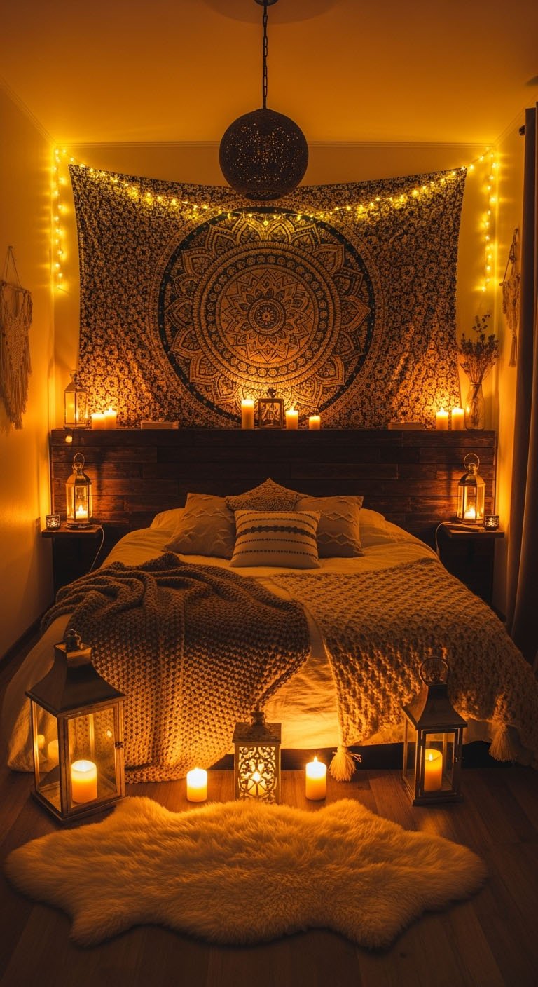Chambre tamisée avec tenture murale et lanternes