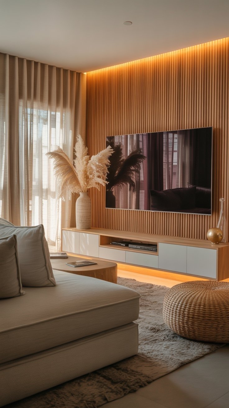 Grand mur TV en tasseaux avec éclairage d ambiance LED