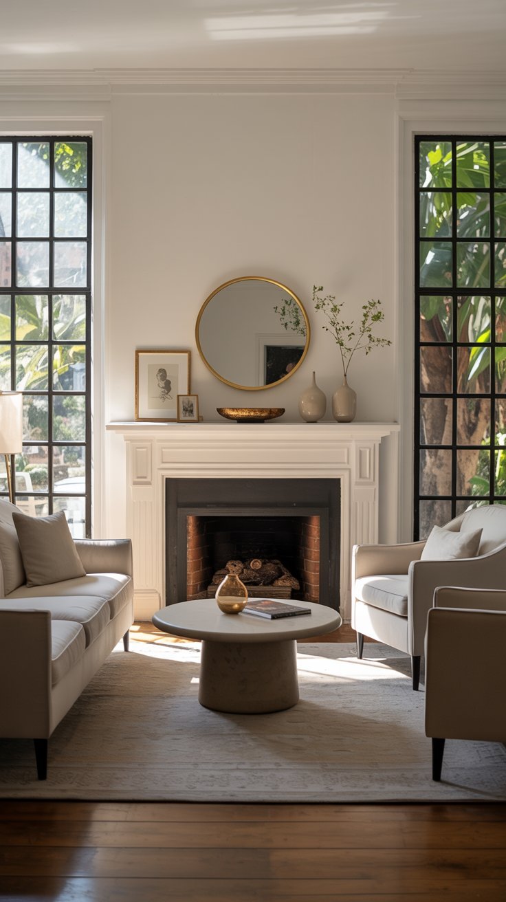 Salon classique avec cheminée blanche et fenêtres noires