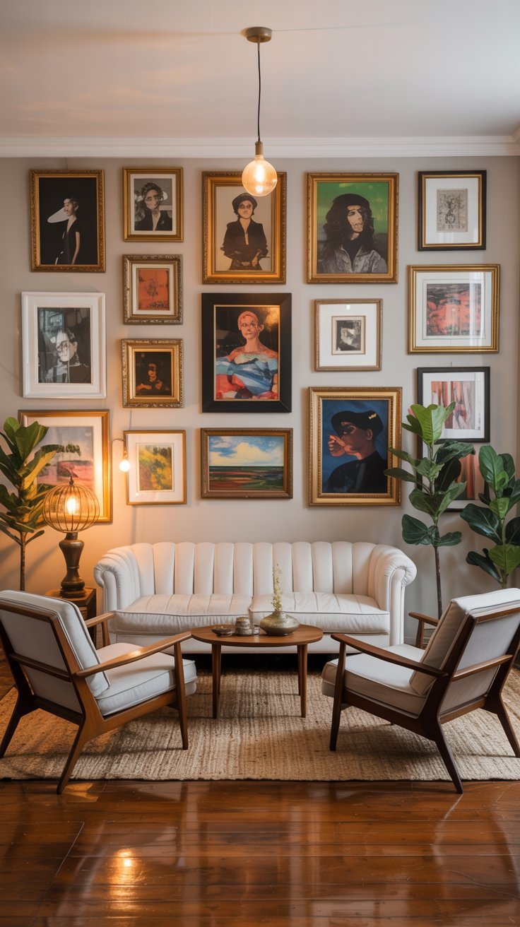 Salon éclectique avec un mur de galerie rempli de cadres