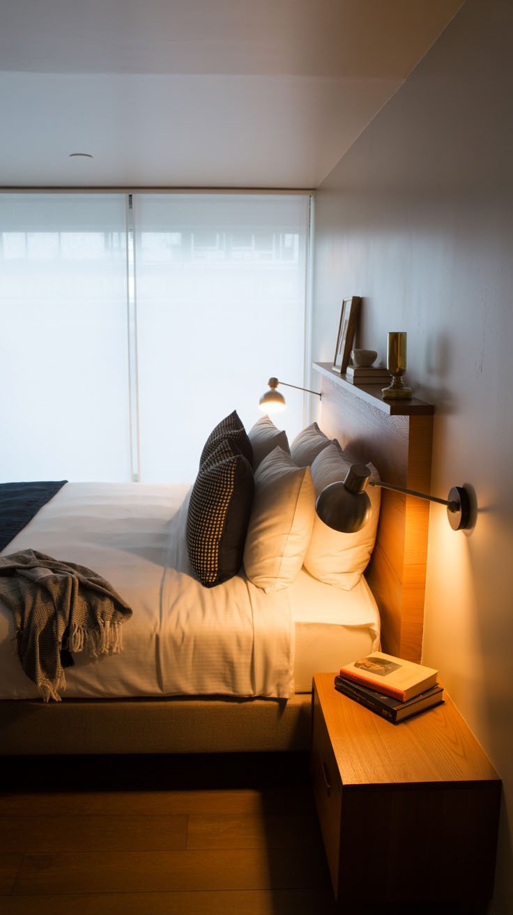 Tête de lit en bois avec étagère et lampes murales
