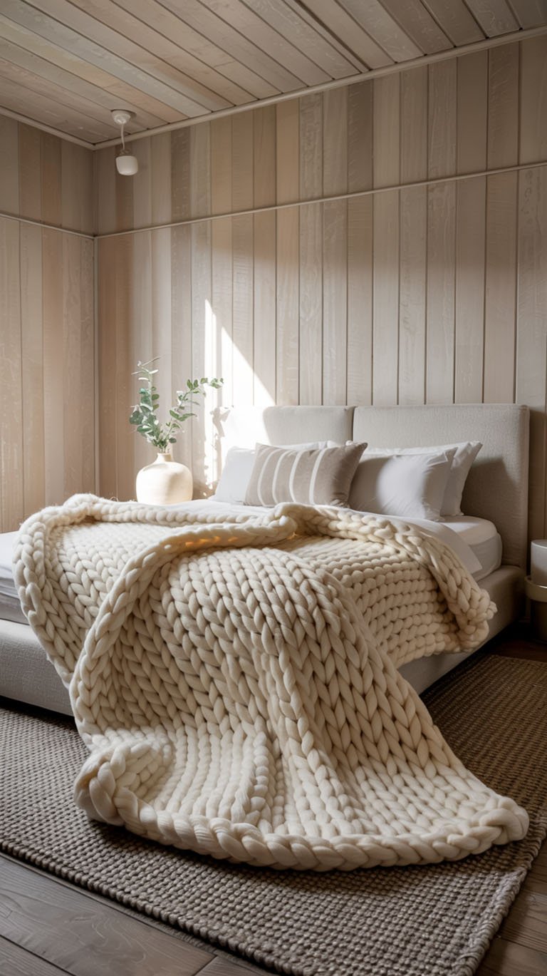 Chambre sereine avec un mur en lattes de bois clair et un plaid en grosse maille