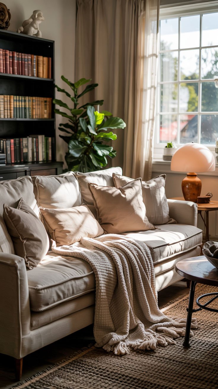 Canapé beige avec plaid tricoté près d'une fenêtre et d'une bibliothèque