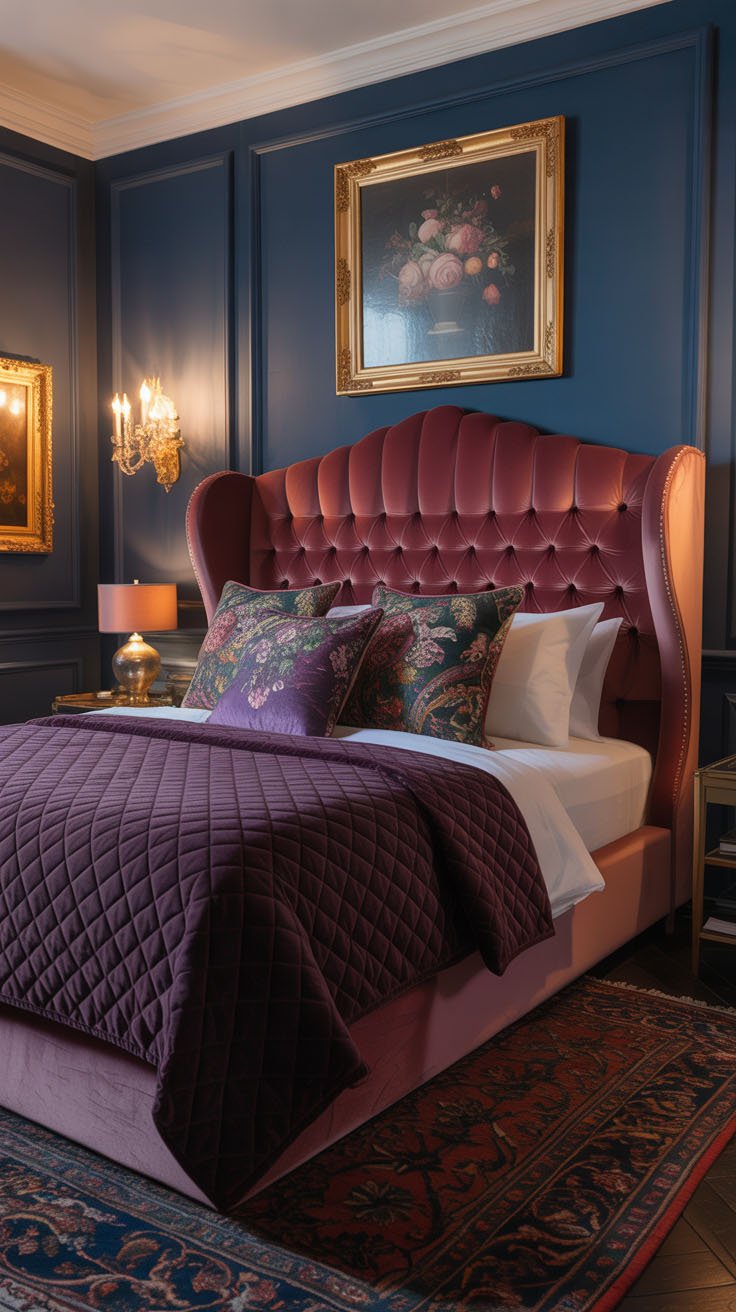 Chambre luxueuse avec murs bleu marine et lit en velours rose