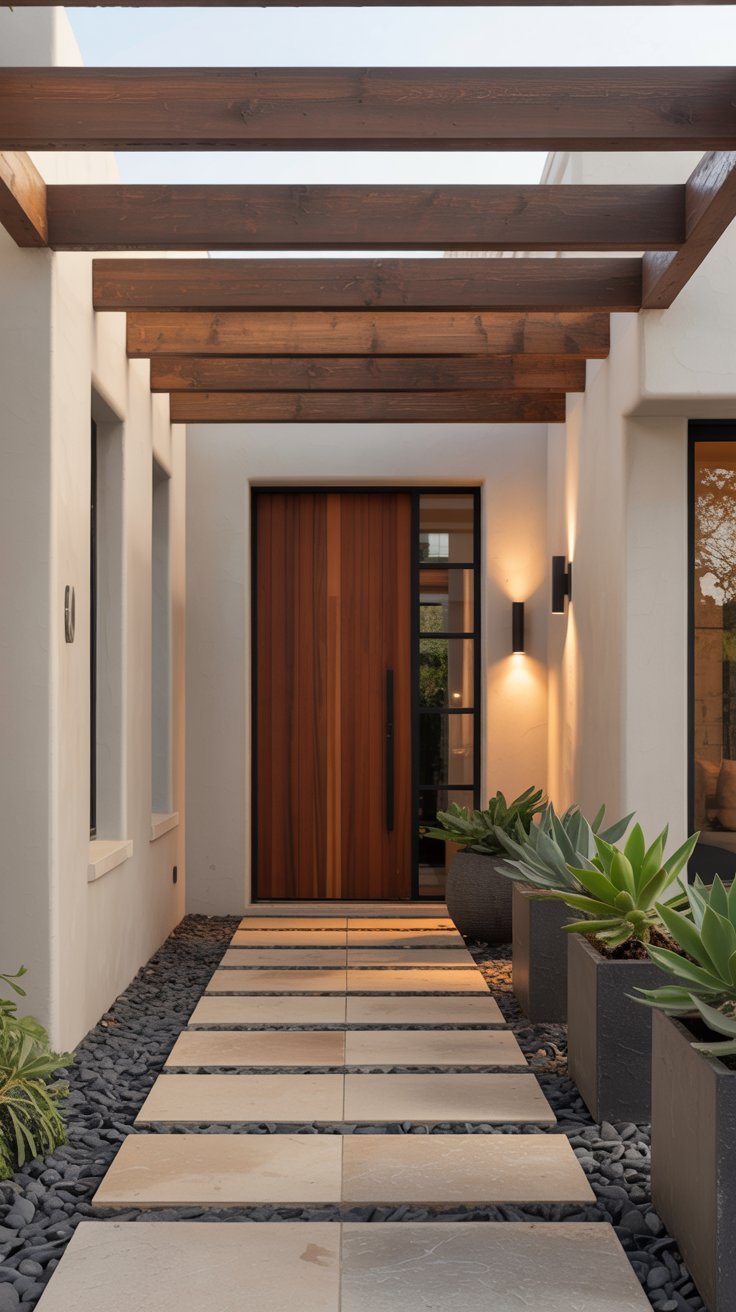 Allée extérieure moderne avec porte dentree en bois