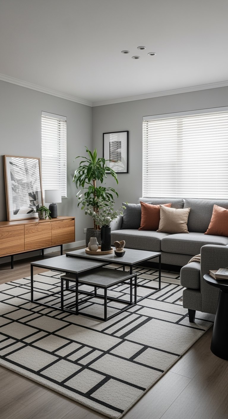 Canapé gris dans un salon avec un tapis à motifs géométriques