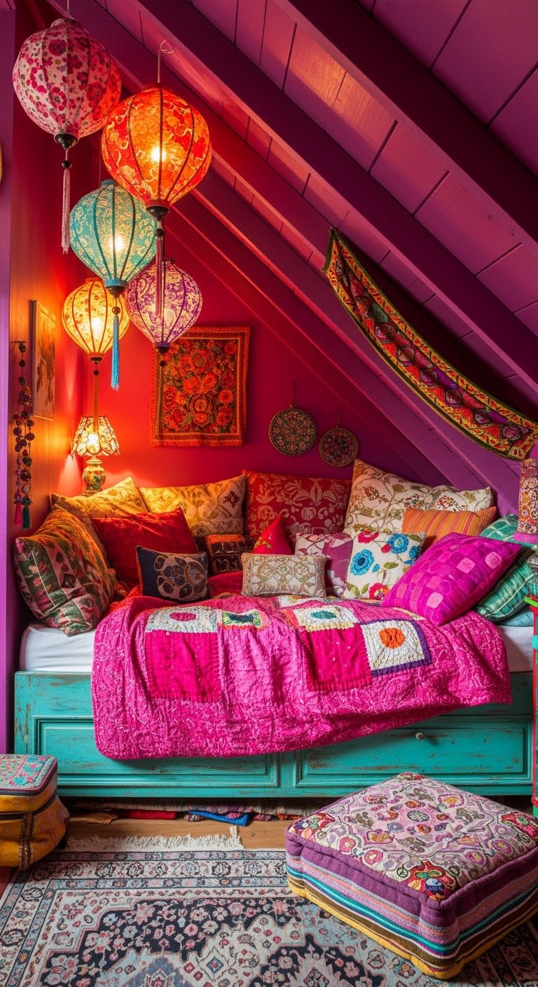 Chambre boheme rose et magenta avec lanternes en papier colorees