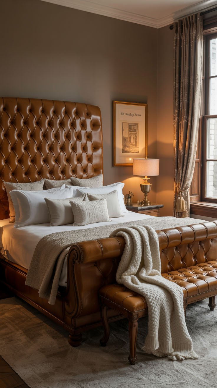 Chambre de luxe avec lit Chesterfield en cuir capitonné marron