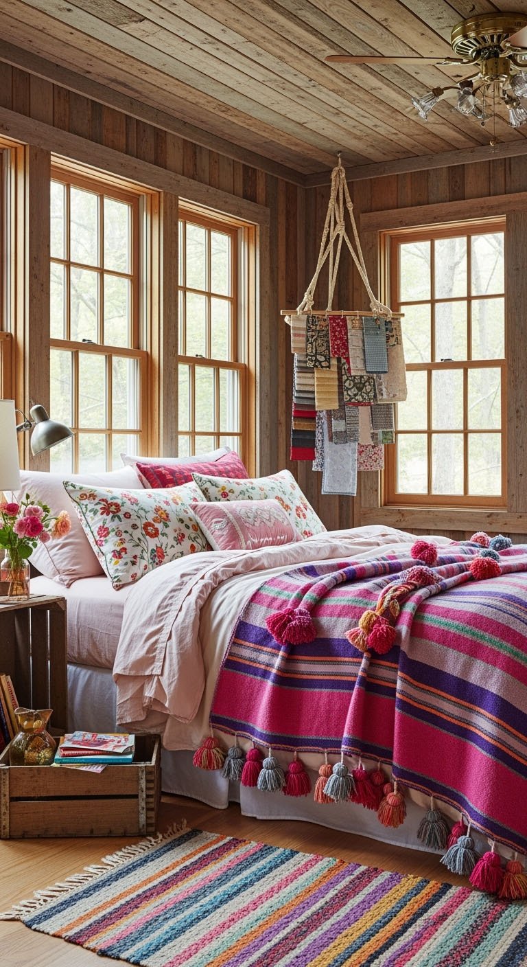Chambre de style chalet avec murs en bois et plaid coloré
