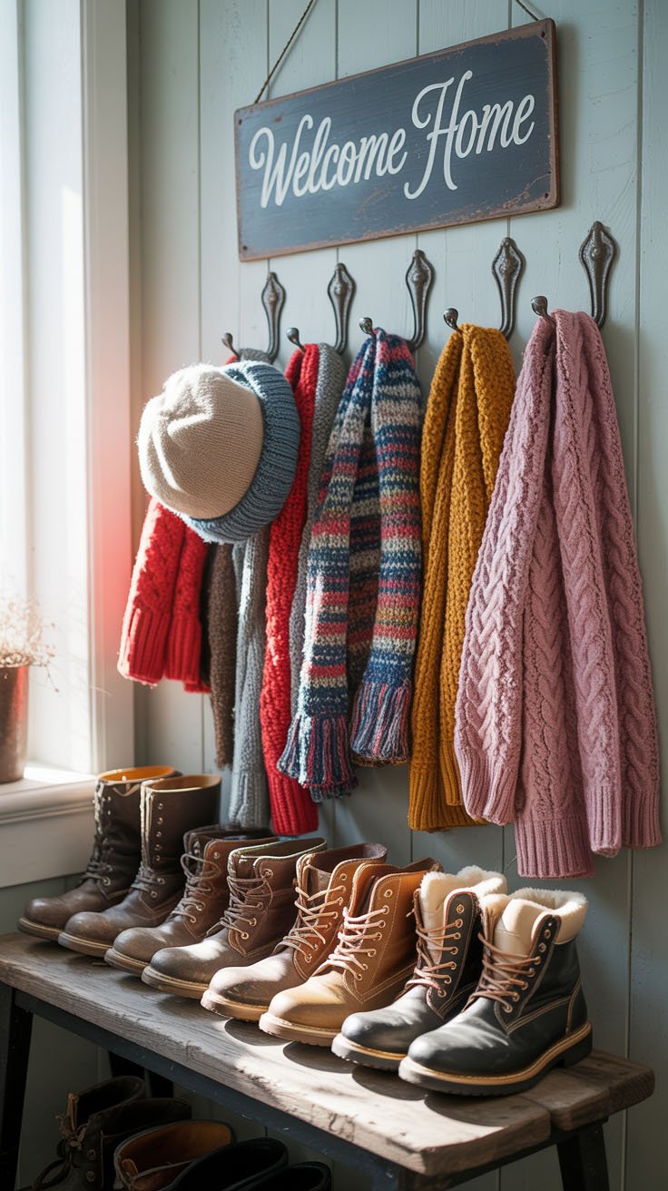 Vestibule avec porte manteaux et banc pour bottes d'hiver