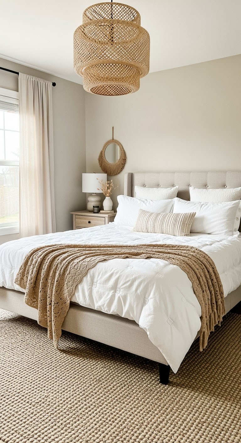 Chambre bohème lumineuse avec une suspension en rotin et un tapis en fibres naturelles