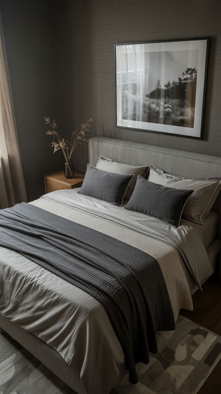 Chambre monochrome grise avec literie en satin et coton