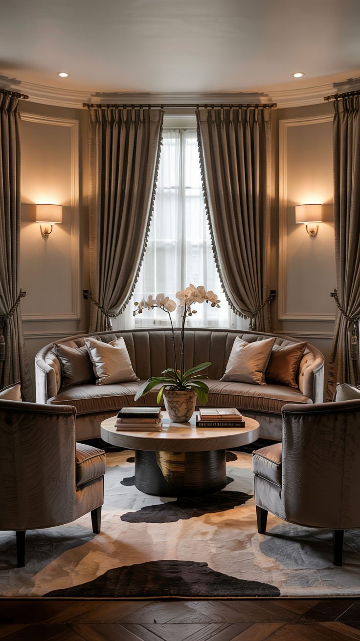 Salon élégant avec canapé incurvé et fauteuils en velours taupe
