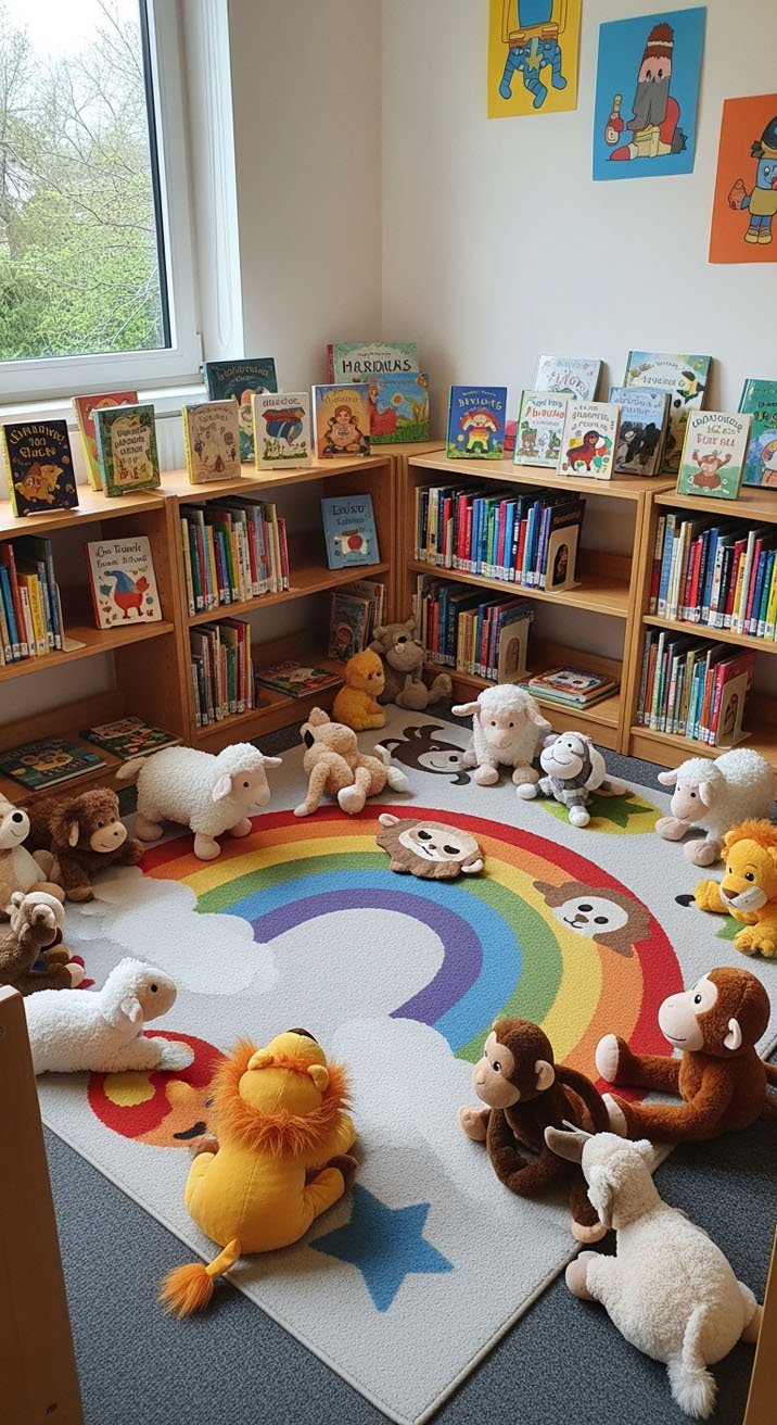 Bibliothèque pour enfants avec tapis arc en ciel et jouets en peluche