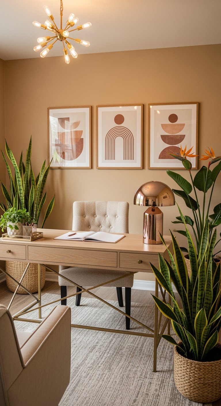 Bureau en bois clair avec base dorée et trio de tableaux abstraits bohèmes